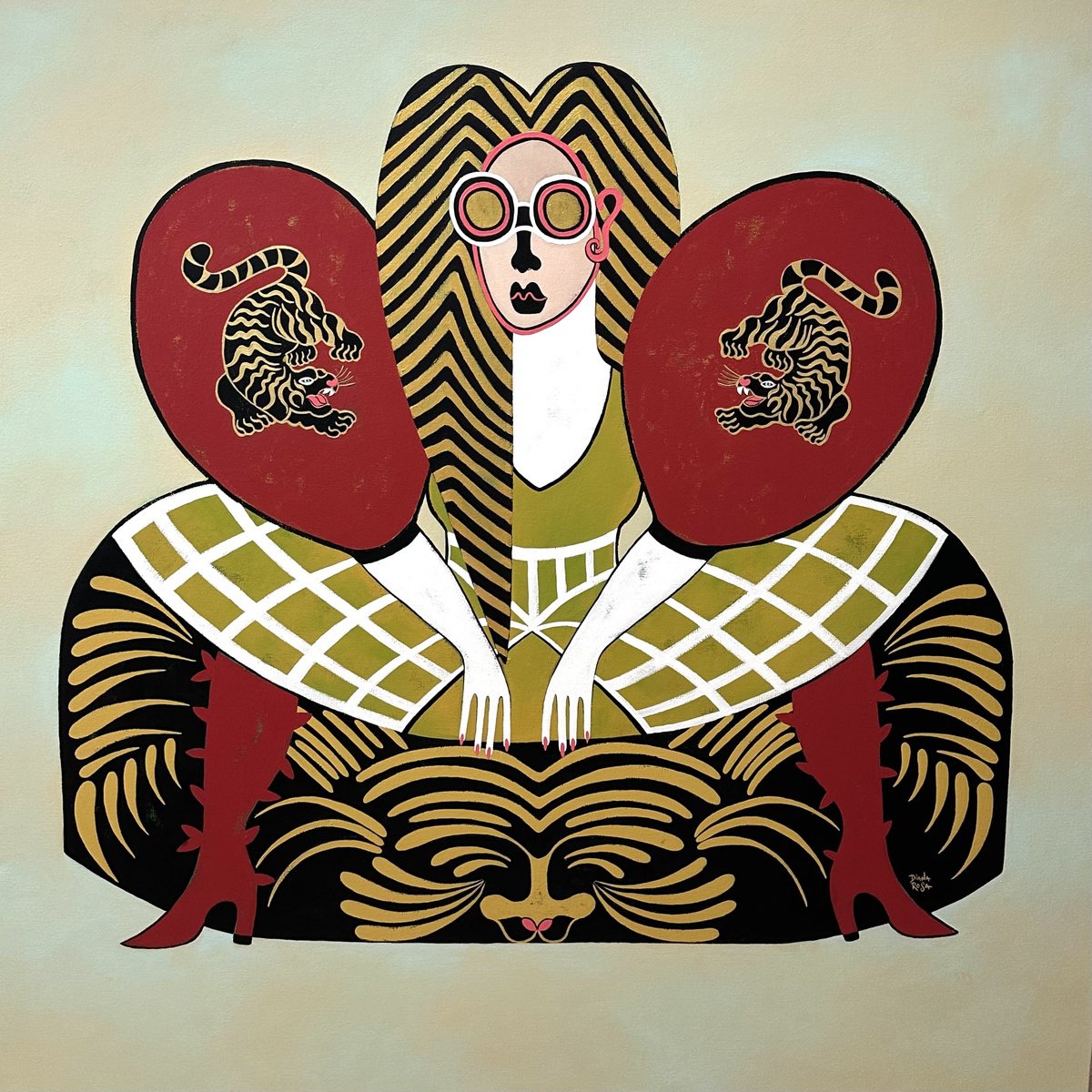 Surrealistic Portrait Acrylic Painting By Diana Rosa, 48 X 48, Fashion Of The Jungle Queen, Original Artwork