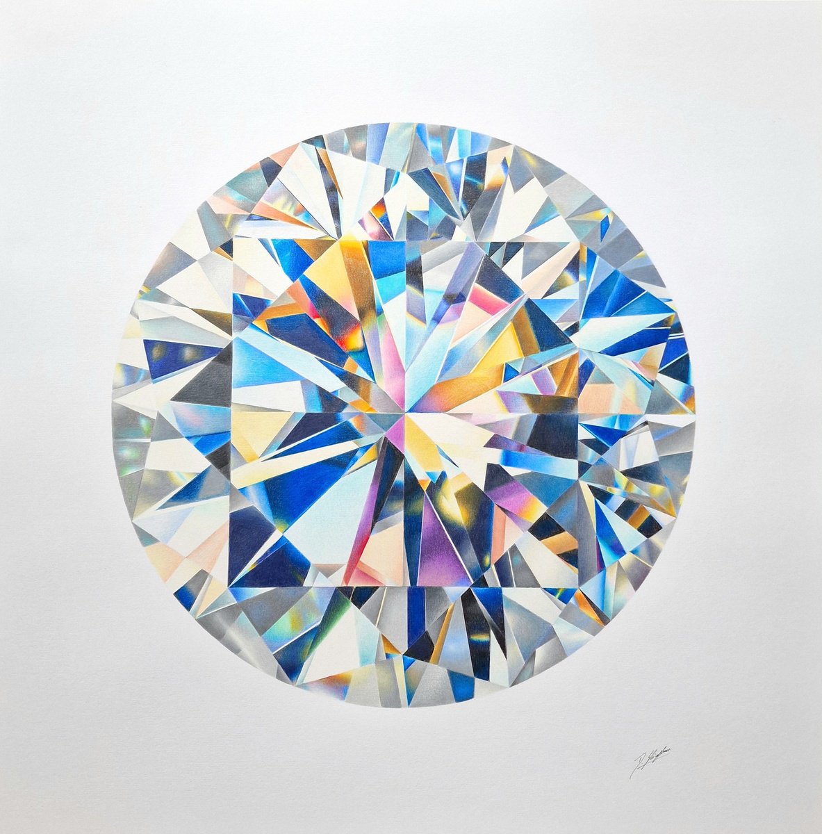 Photorealistic Still Life Pencil Drawing By Daniel Shipton, 23 X 23, Round Cut Diamond, Original Artwork