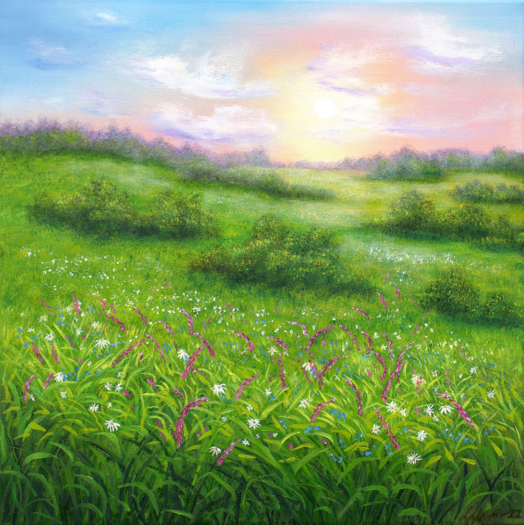 Photorealistic Landscape Oil Painting By Ludmilla Ukrow, 20 X 20", Wildflowers Meadow, Original Artwork