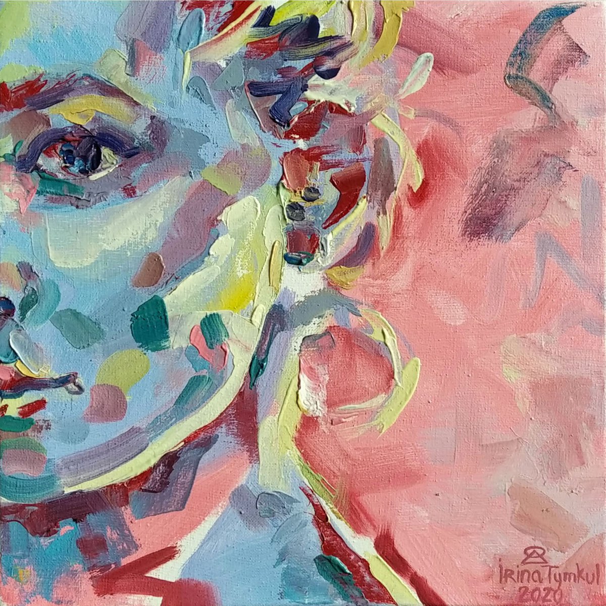 Expressive Portrait Oil Painting By Iryna Tymkul, 8 X 8, Blue Mariss (2020), Original Artwork