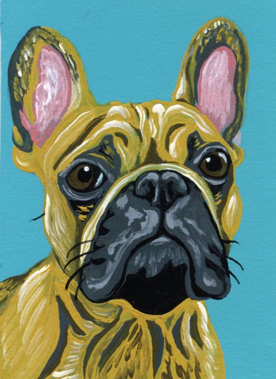 ACEO ATC Original Miniature Painting Fawn Tan French Bulldog Pet Dog Art-Carla Smale