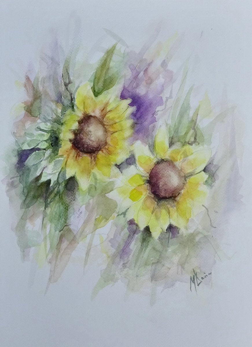 Impressionistic Botanical Watercolour By Mel Davies Original Art, 11 X 15", Sunflower Day, Original Artwork