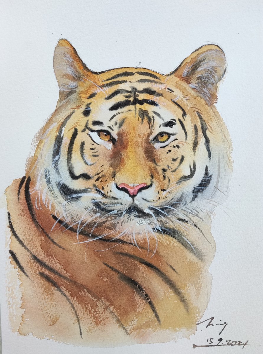 Impressionistic Animal Watercolour By Jing Chen, 7 X 11, Tiger, Original Artwork