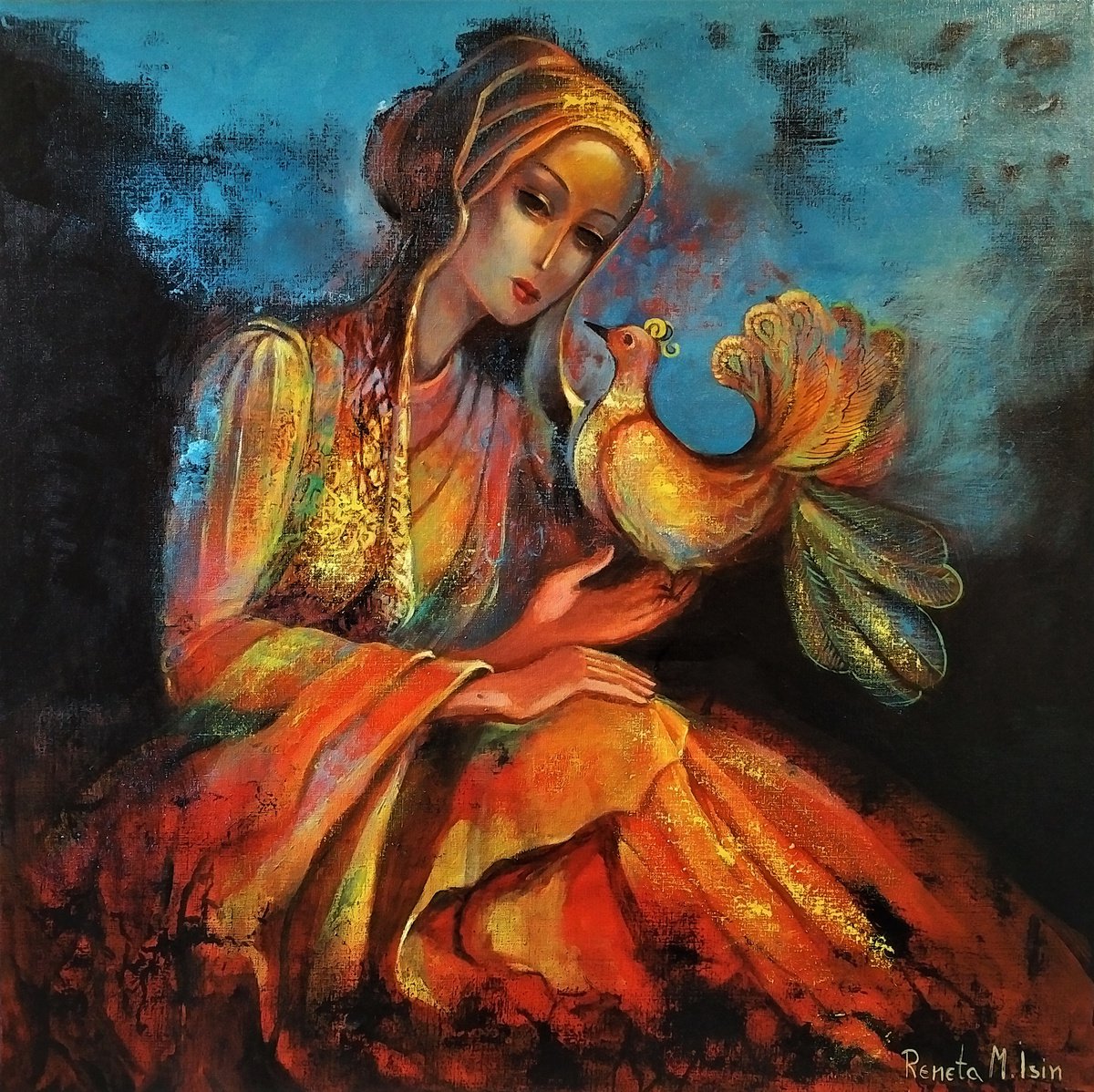 Impressionistic Portrait Oil Painting By Reneta Isin, 31 X 31", " Meeting ", Original Artwork