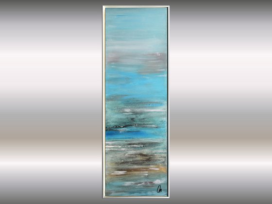Memories II - abstract acrylic painting, canvas wall art, blue brown white, framed modern art