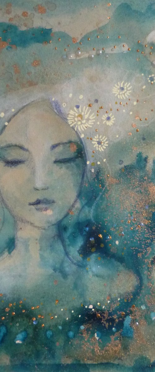Little night music 18 x 13 cm. wash painting on old framed paper by Loetitia Pillault
