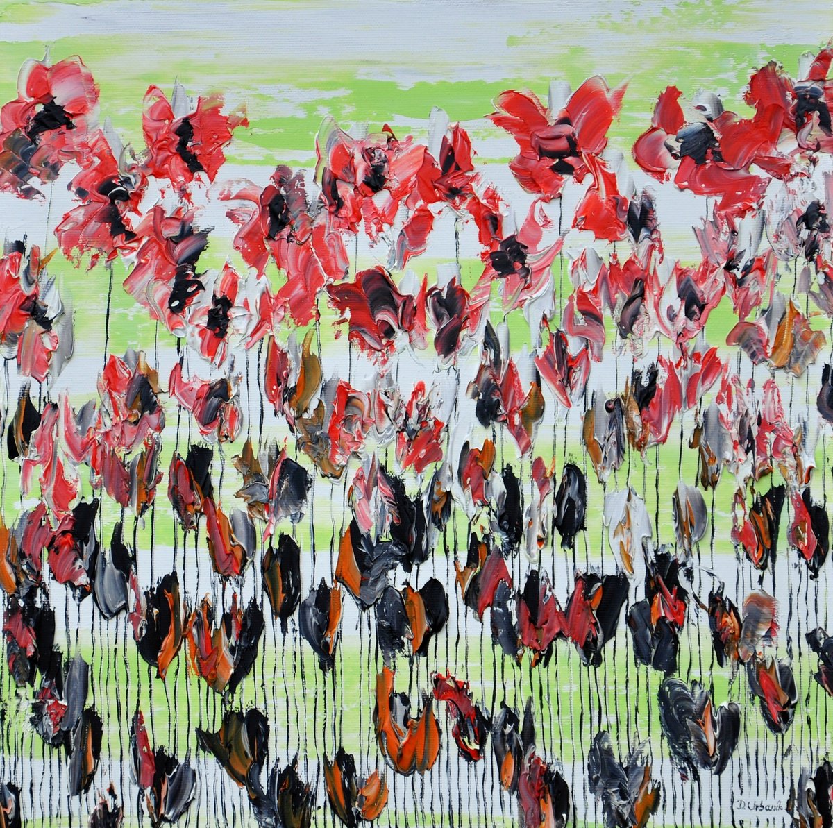 Impressionistic Botanical Oil Painting By Daniel Urbani?k, 16 X 16, Poppy Flowers 2, Original Artwork