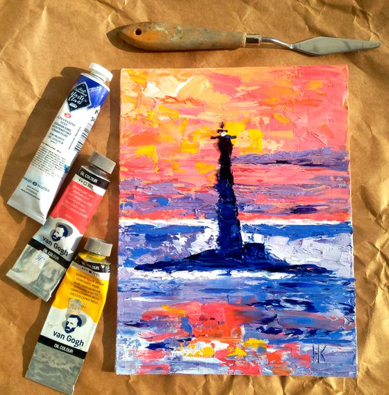 Lighthouse Painting Seascape Original Art Small Oil Impasto Nautical Pallete Knife Artwork Home Wall Art 7 by 9,5" by Halyna Kirichenko