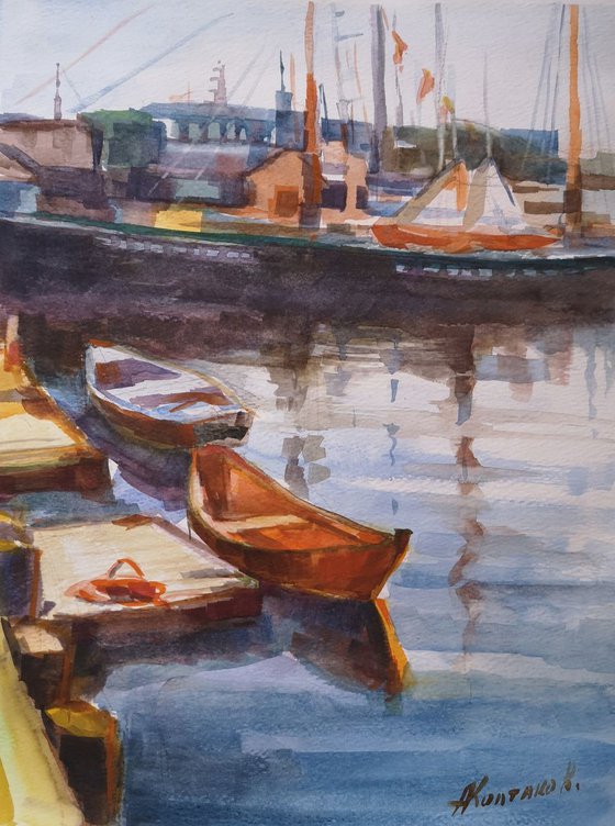 Resting boats, original, one of a kind, watercolor on paper seascape (11x14'')
