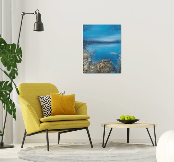 A XL large original modern semi-abstract painting "Blue Lagoon"