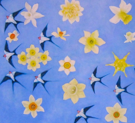 Narcissus and swallows