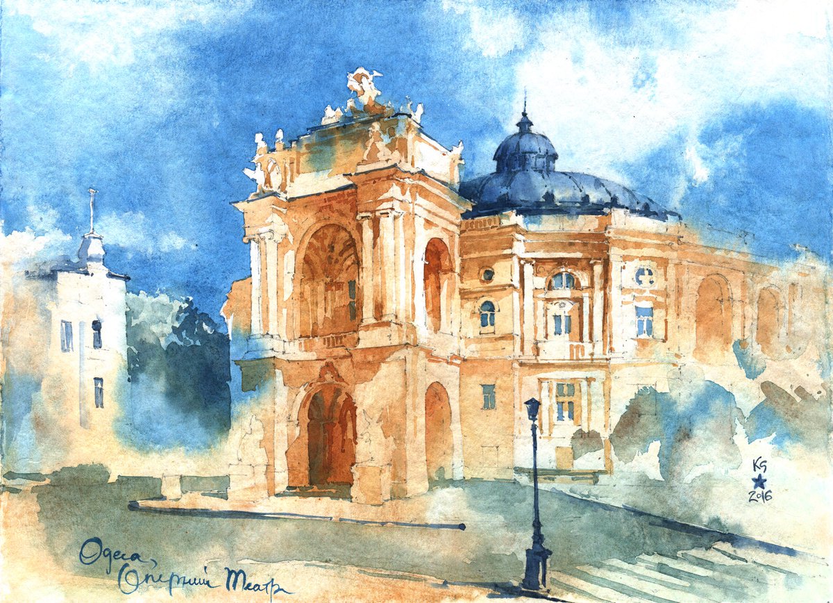 Architectural landscape Opera theater in Odessa, Ukraine - Original watercolor painting by Ksenia Selianko