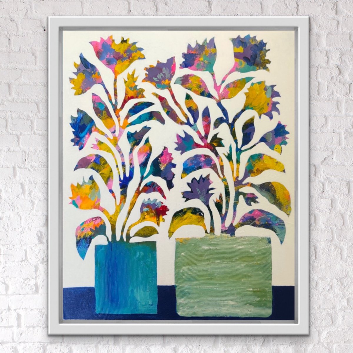 Abstract Botanical Acrylic Painting By Ketki Fadnis, 16 X 20", Blue And Green Floral Vases, Original Artwork