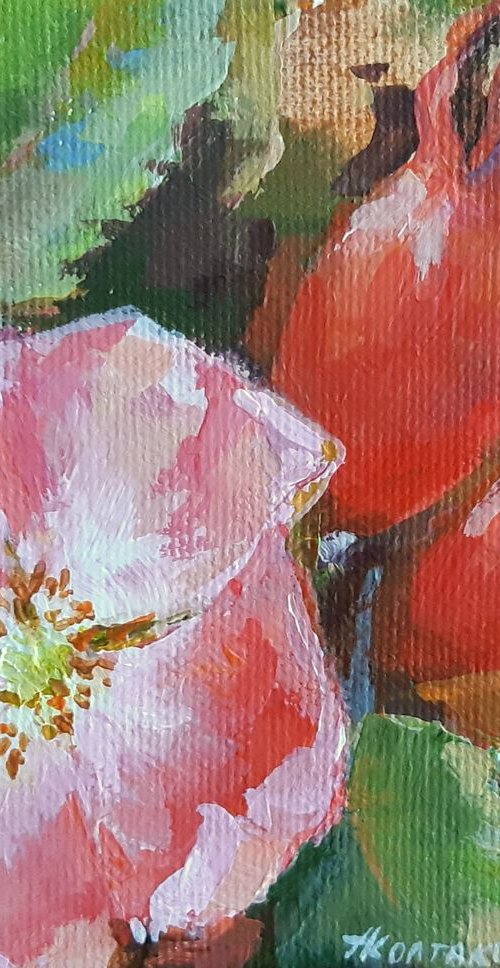 Miniature with rose flower and hips (4×5×1,5") by Alexander Koltakov