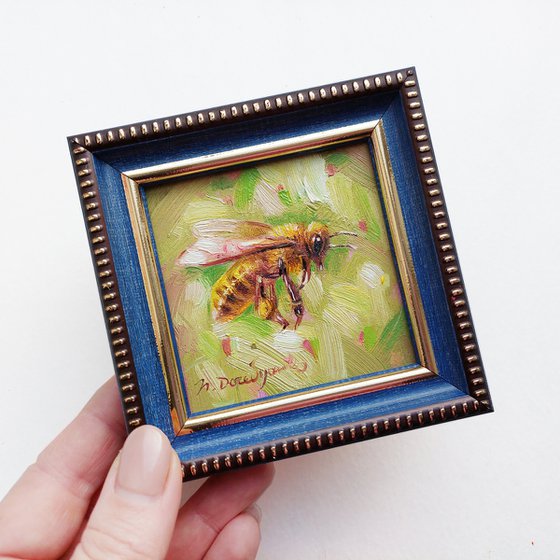 Bee gifts, Bee art oil painting original 3x3 - Bee happy! bee home decor wall art Honey bee