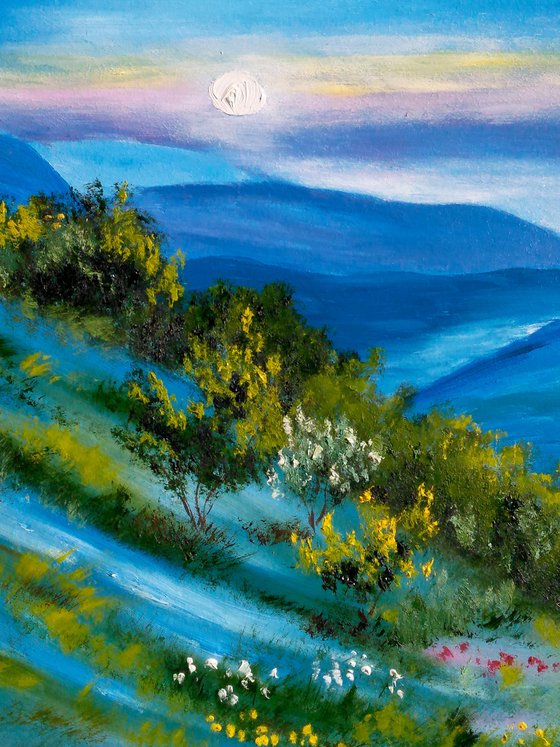Mountain landscape summer in mountains" My blue mountains" green hills oil landscape impressionistic landscape