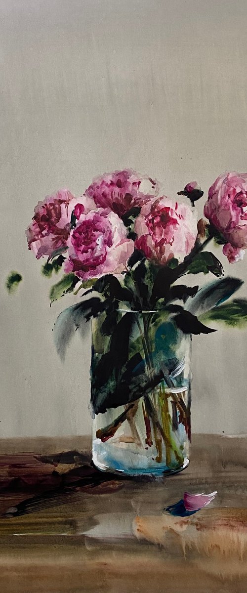 Watercolor “Still life with peonies” perfect gift by Iulia Carchelan