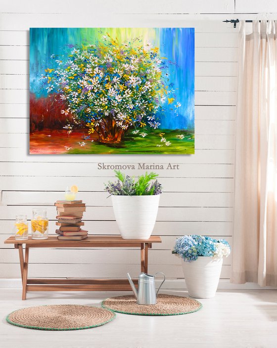 THE DANCE OF WILD FLOWERS - Floral still life. Lovely daisies. Modest cornflowers. Wildflowers. Huge bouquet. Summer colors. Village.