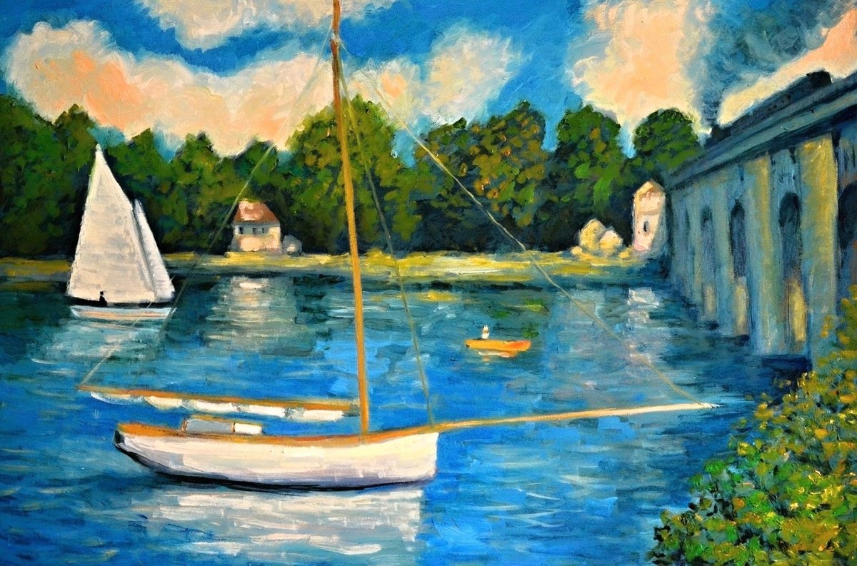 Impressionistic Landscape Oil Painting By Rumen Sazdov, 35 X 22", Bridge At Argenteuil, Original Artwork