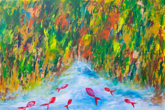 Red Fish Swim Wild, Originalabstract painting, Wall art, Ready to hang by WanidaEm