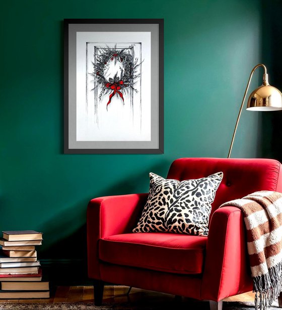 CHRISTMAS WREATH WITH A RED RIBBON