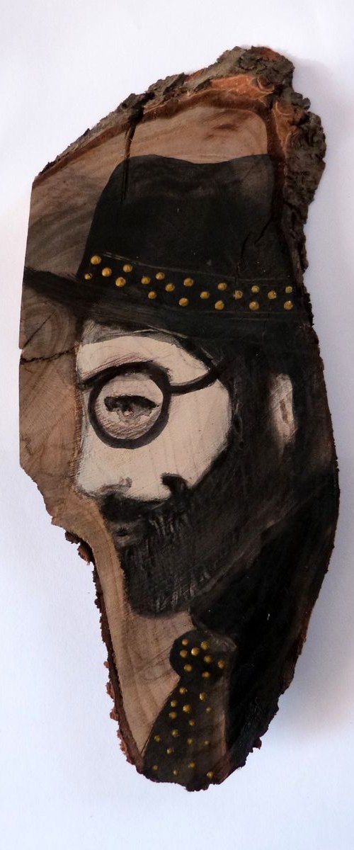 "Marcel" Man in black and gold on wood. by Loetitia Pillault