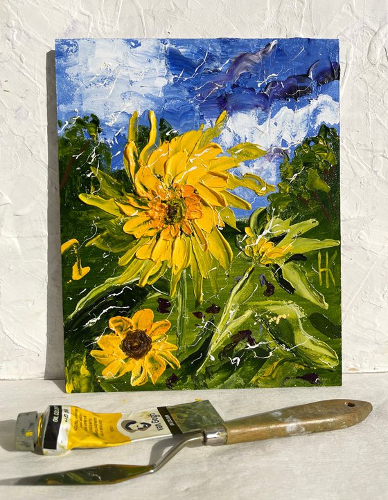 Sunflower Painting Floral Original Art Flower Small Oil Impasto Artwork 8 by 10" by Halyna Kirichenko