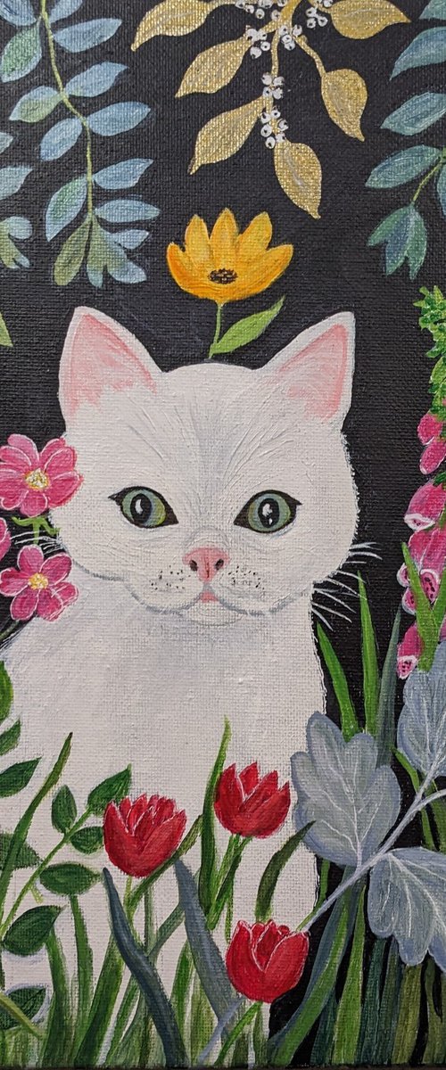 White Cat in the Garden by Anne-Marie Ellis