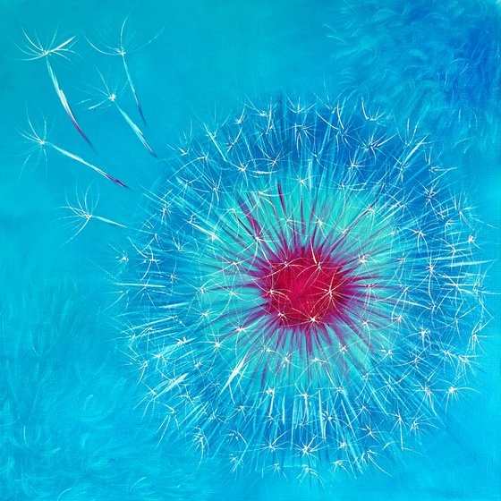 DANDELION - Large. Seeds. Macro art. Nature. Turquoise. Purple flower. Very close.