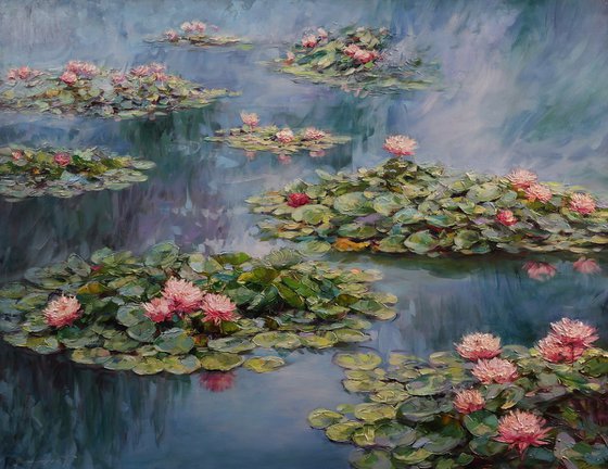 "Reflection of pink lilies"