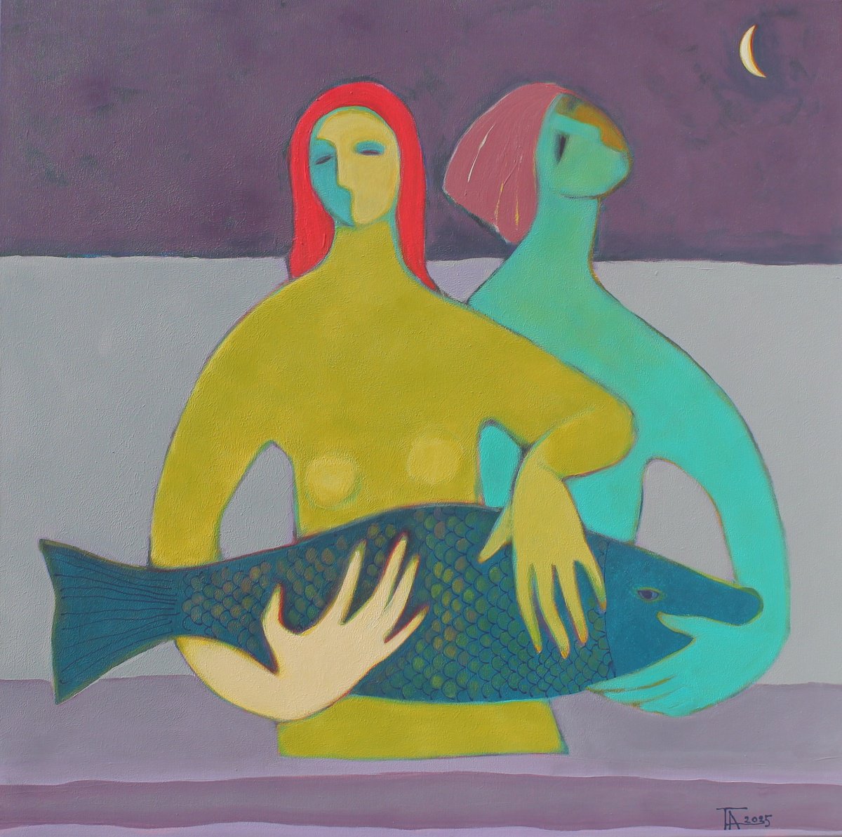 Expressive Portrait Acrylic Painting By Tatjana Auschew, 39 X 39", Waning Moon., Original Artwork