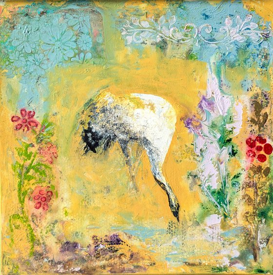 Crane in a floral stillness