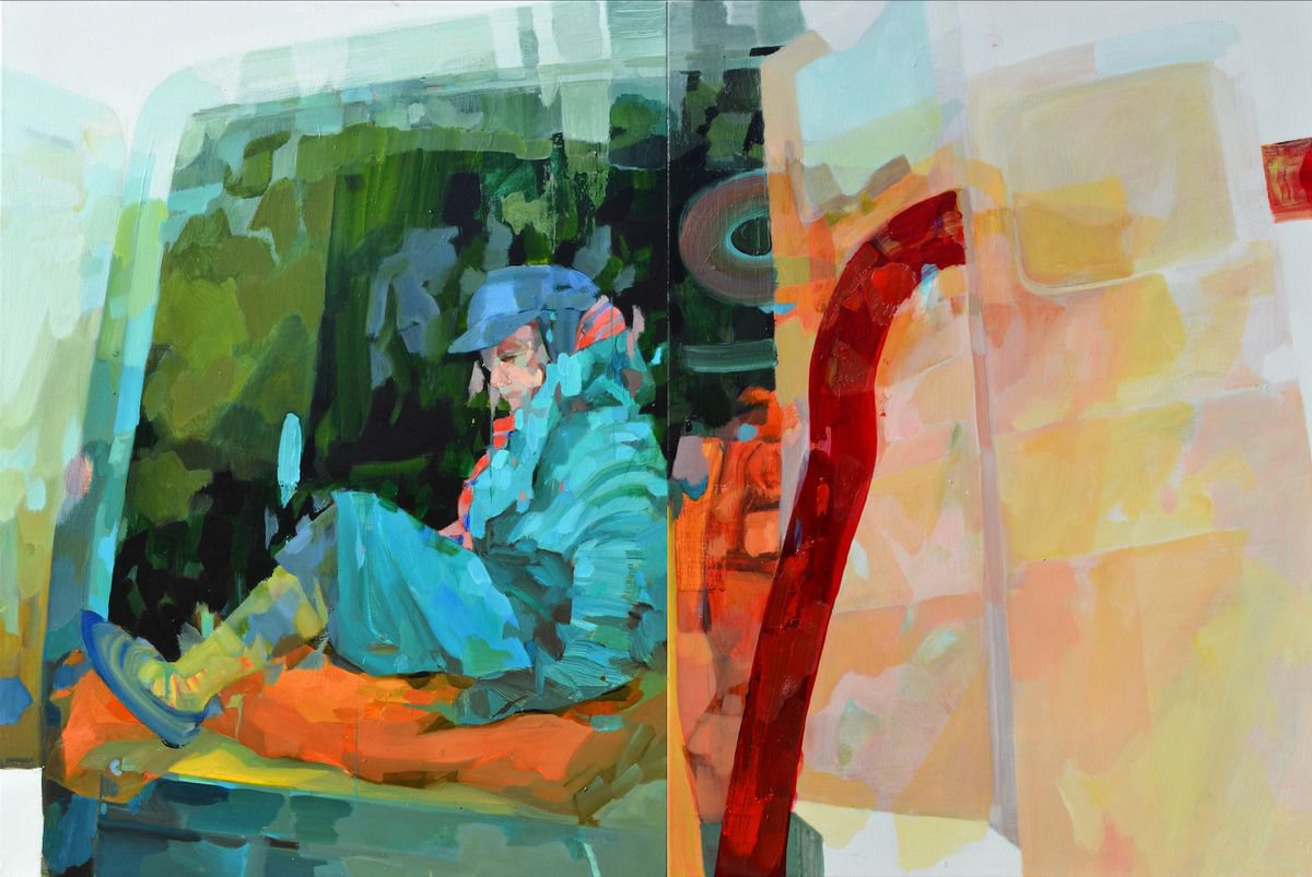 Expressive Portrait Oil Painting By Melinda Matyas, 47 X 32", Red Curvature, Original Artwork
