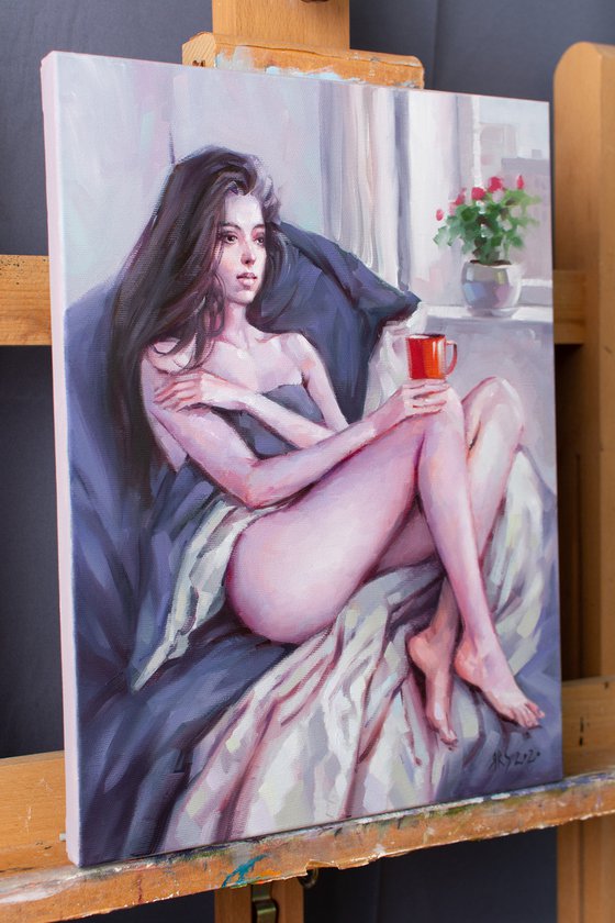 TENDER MORNING - Captivating Beauty and Morning Bliss: Original Oil Painting of a Serene Girl Enjoys Coffee by the Window