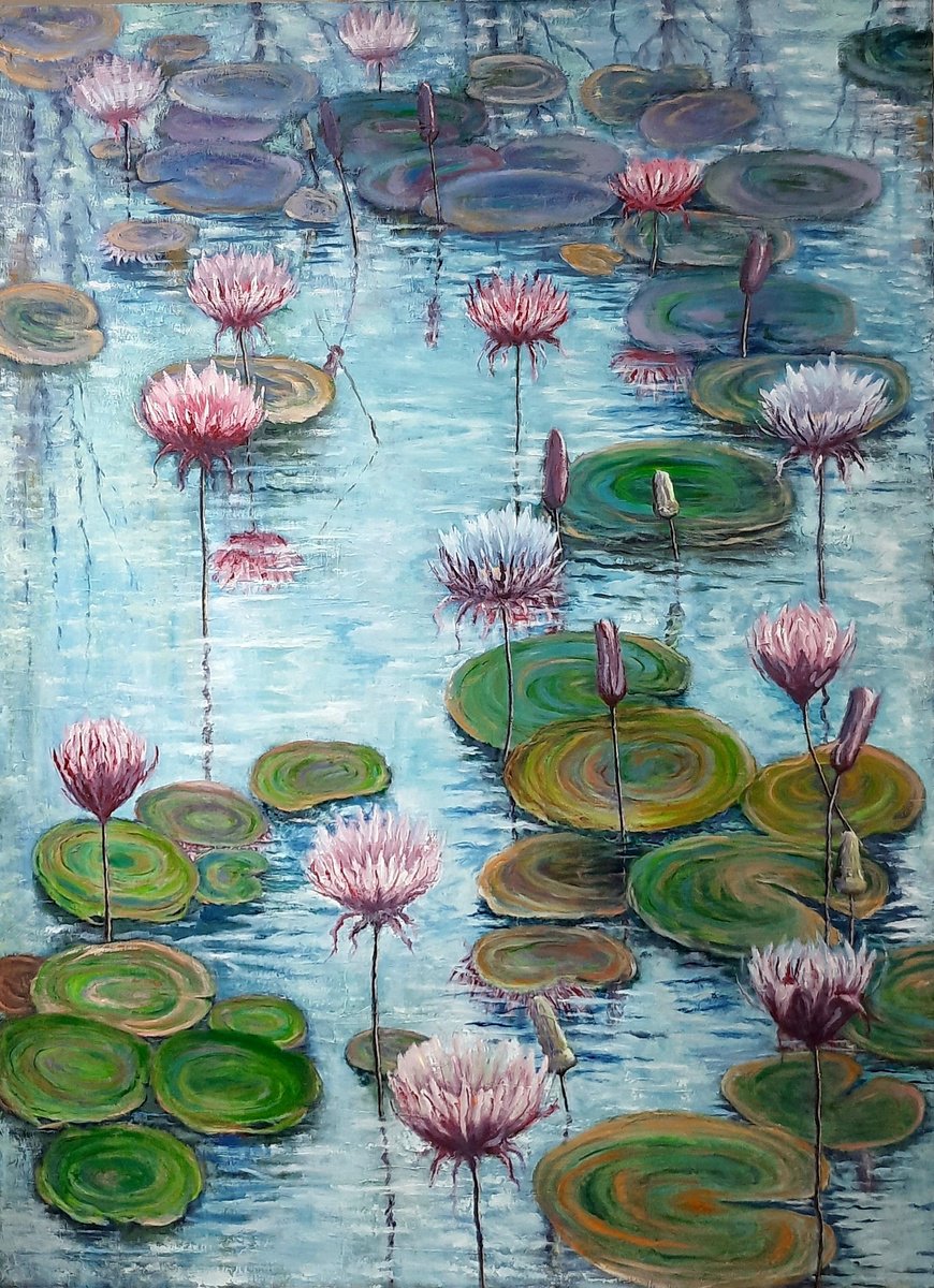 Impressionistic Botanical Oil Painting By John Howes, 39 X 55, Water Lilies, Original Artwork