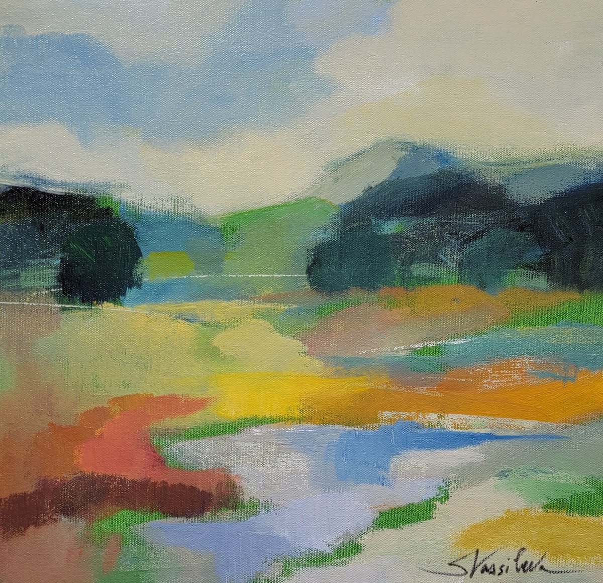 Expressive Landscape Acrylic Painting By Silvia Vassileva, 15 X 15", Lush Green I, Original Artwork