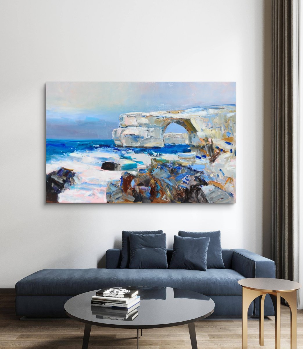 Impressionistic Landscape Oil Painting By Yehor Dulin, 55 X 35", "Rocks Of Malta ", Original Artwork