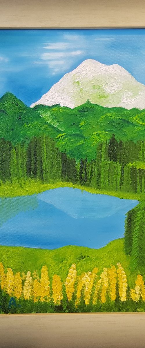 Early painting "Mountain lake" 40*40 cm by Anna Reznik