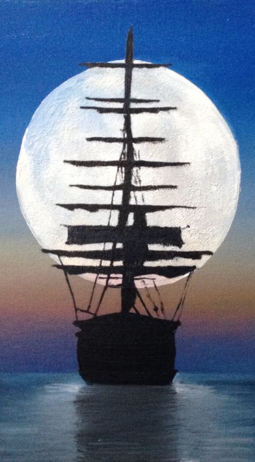 Sailing ship and moon by Jill Ann Harper