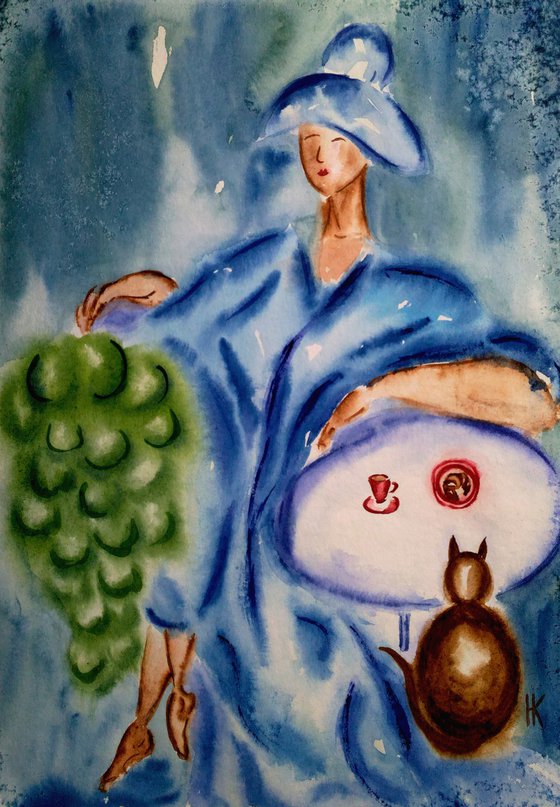 Woman Painting Faceless Original Art Cat Watercolor Grape Art Woman in Hat Artwork Coffee Time Home Wall Art 12 by 17" by Halyna Kirichenko