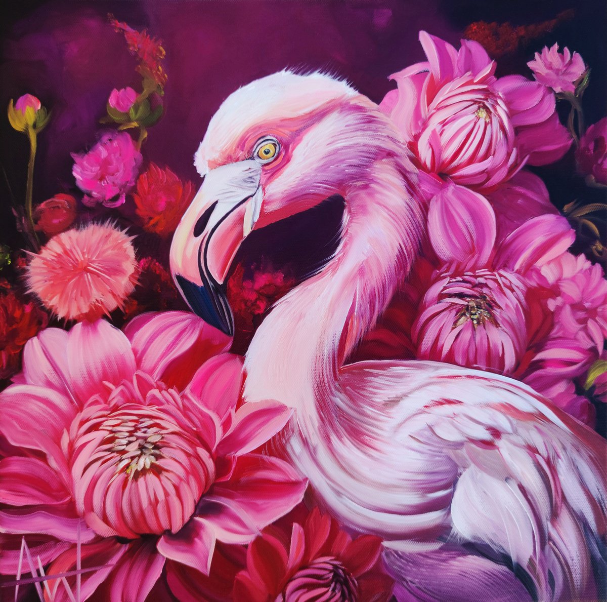 Photorealistic Animal Oil Painting By Angie Wright, 16 X 16, In The Pink, Original Artwork