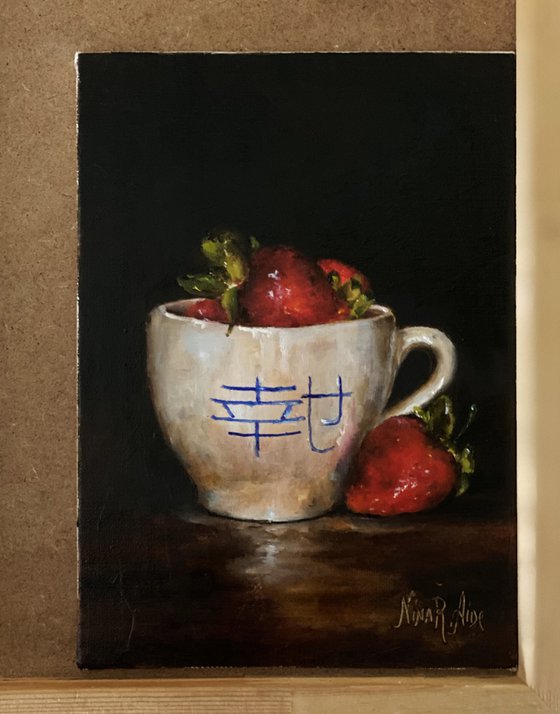 Good Fortune of Strawberries Original Oil Painting Still Life Chiaroscuro
