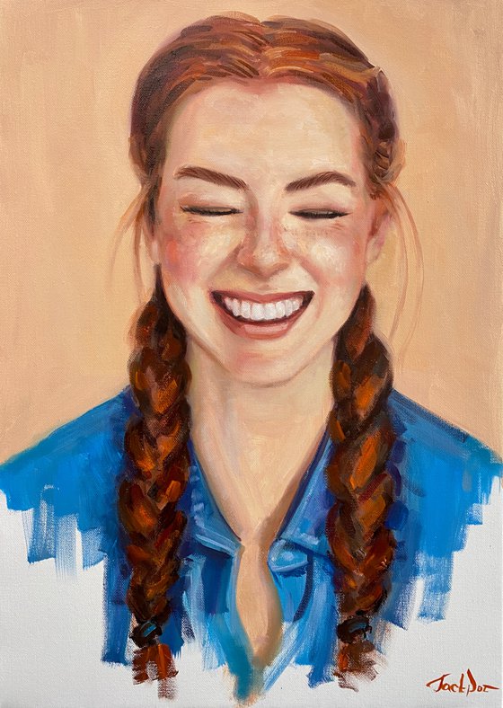 Redhead woman smile oil portrait painting contemporary fine Original wall art by Evgeny JackPot