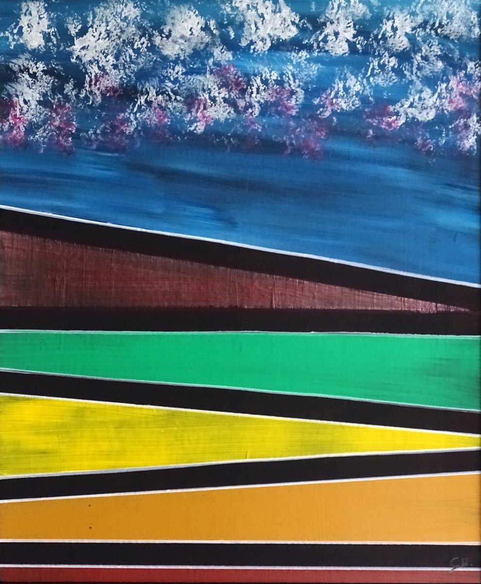 Abstract Landscape Acrylic Painting By Cb., 21 X 25, Urban Dutch Flower Field, Original Artwork