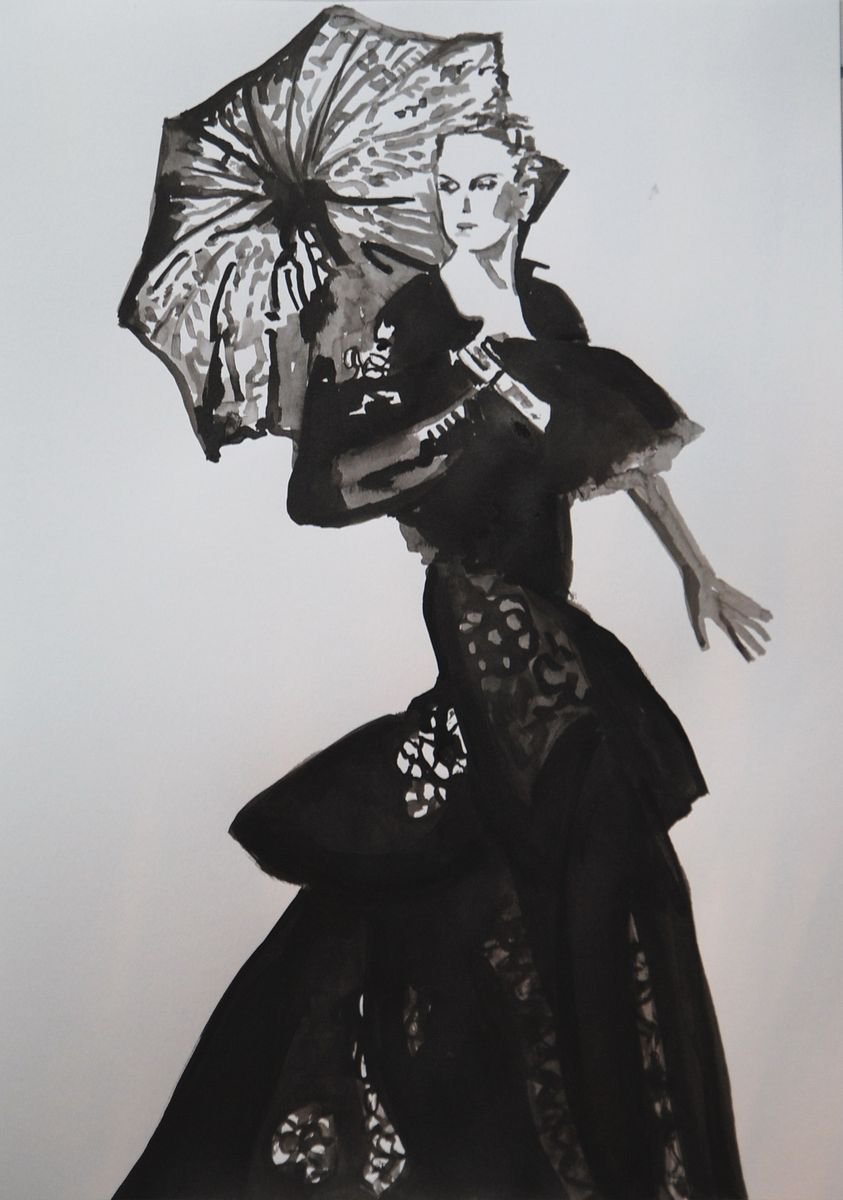 Lady with Black Umbrella / 42 x 29.7 cm by Alexandra Djokic