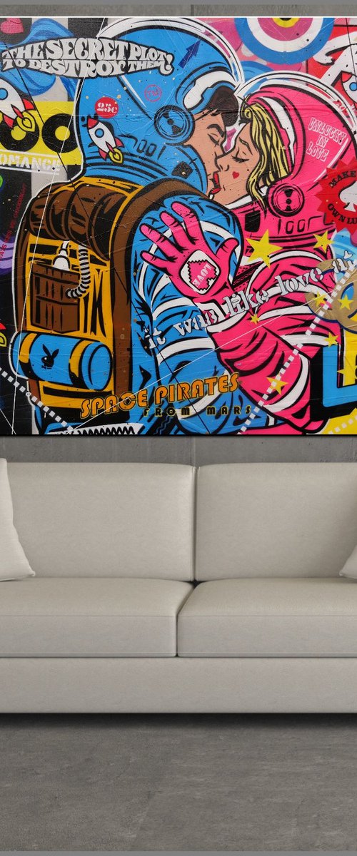Rogue Love 160cm x 100cm Space Cadets Kissing Textured Urban Pop Art by Franko