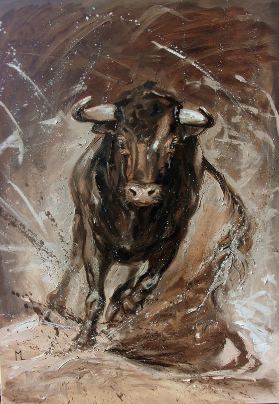 " THE SPIRIT OF FREEDOM ... " - LARGE FORMAT BULL original oil painting on canvas, gift,  PALETTE KNIFE