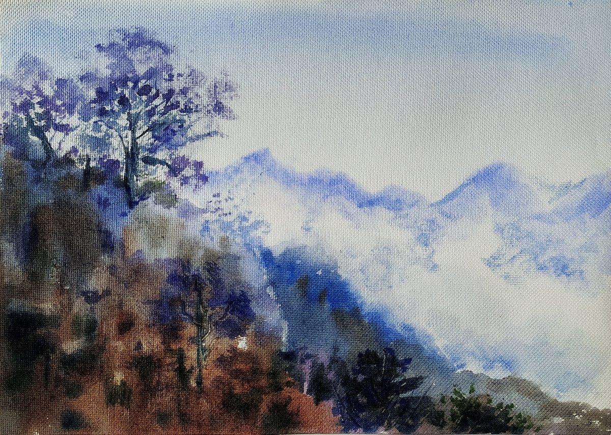 Misty Mountains Watercolour on paper 11.2x 8.2 by Asha Shenoy