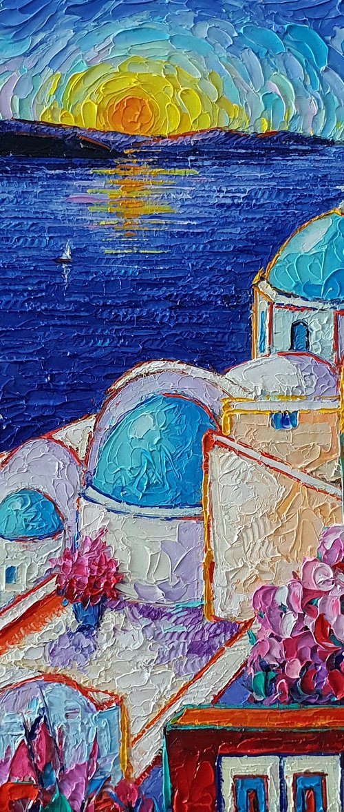 SANTORINI OIA COLORS AT SUNRISE textural impasto palette knife oil painting on 3D Canvas painting continues on the edges sides of the canvas by Ana Maria Edulescu by ANA MARIA EDULESCU