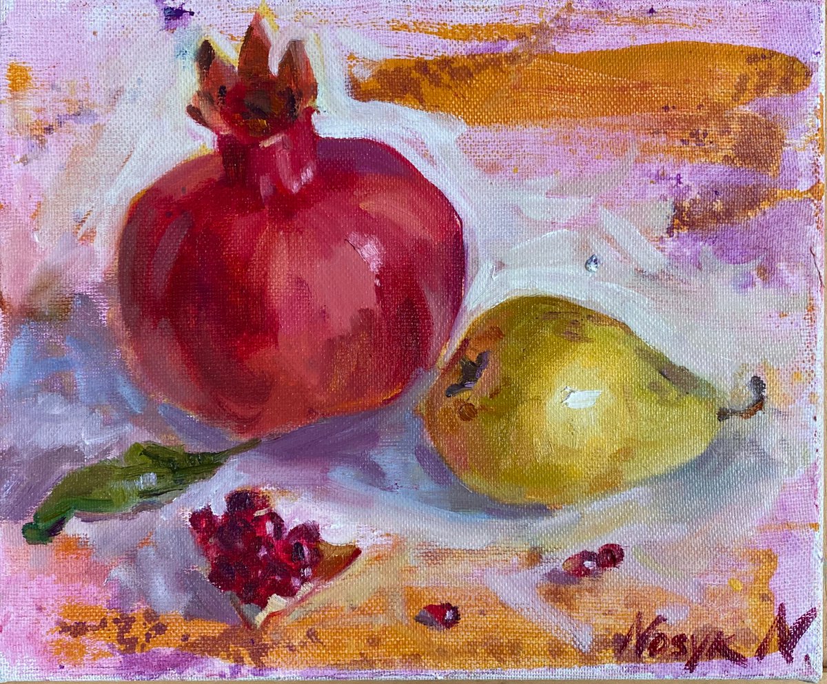 Pomegranate and pear | small oil etude by Nataliia Nosyk